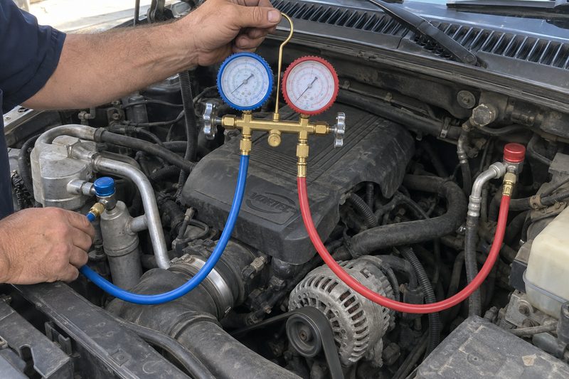 A technician connecting A/C gauges to a vehicle at Dakota Ridge Auto