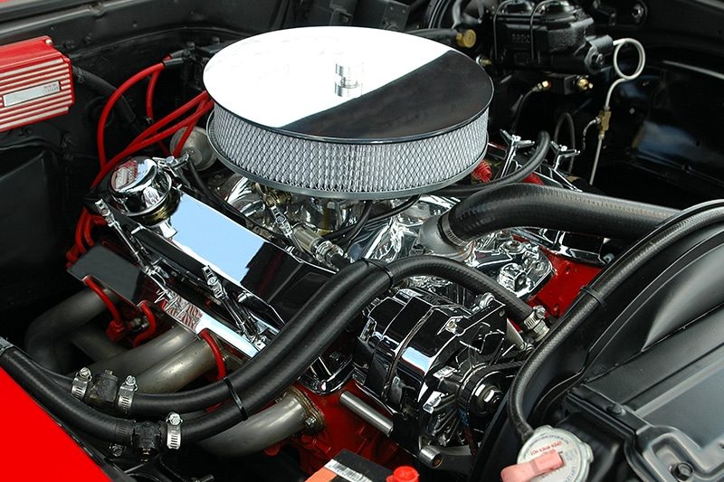 An engine being worked on with the bay open