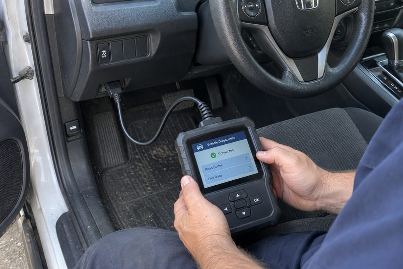 A technician using a scan tool on a vehicle at Dakota Ridge Auto