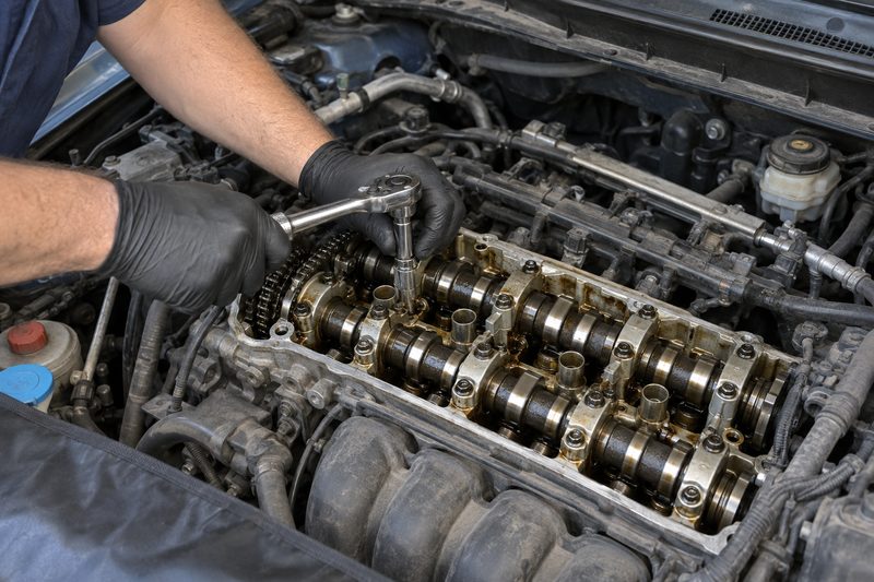 Valve cover off, camshafts exposed for timing work at Dakota Ridge Auto in Littleton