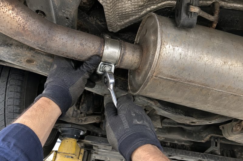 Exhaust work underway on a lift at Dakota Ridge Auto