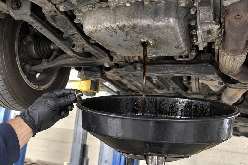 A vehicle on the lift during an oil change at Dakota Ridge Auto